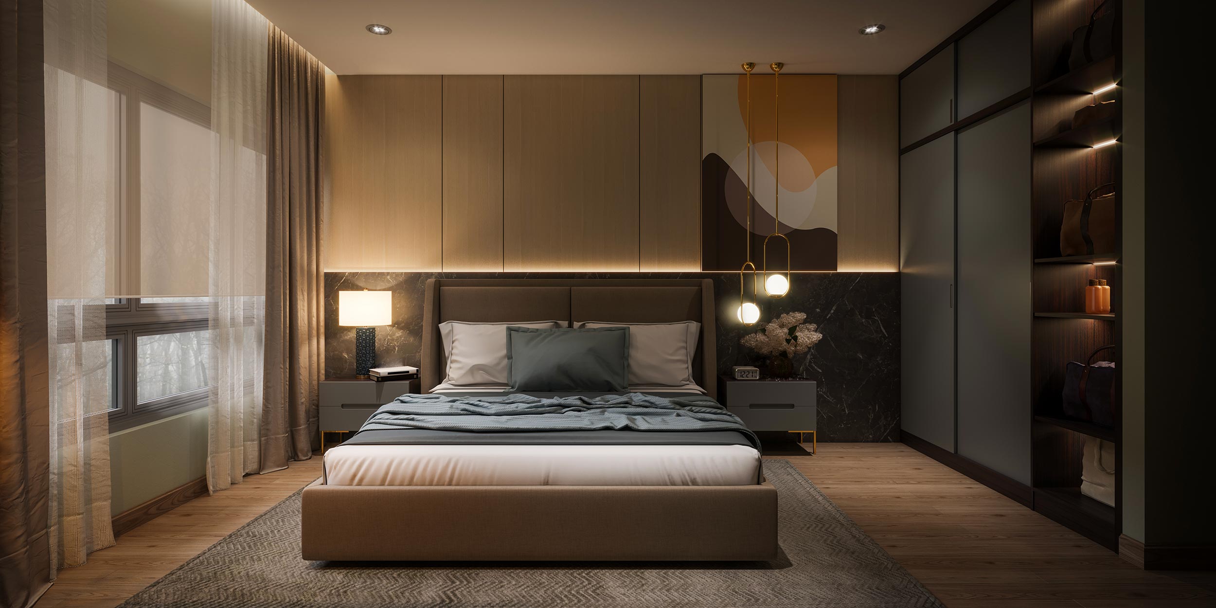 A warmly lit bedroom with soft curtains, a neatly made bed, and elegant ambient lighting on the walls and shelves.